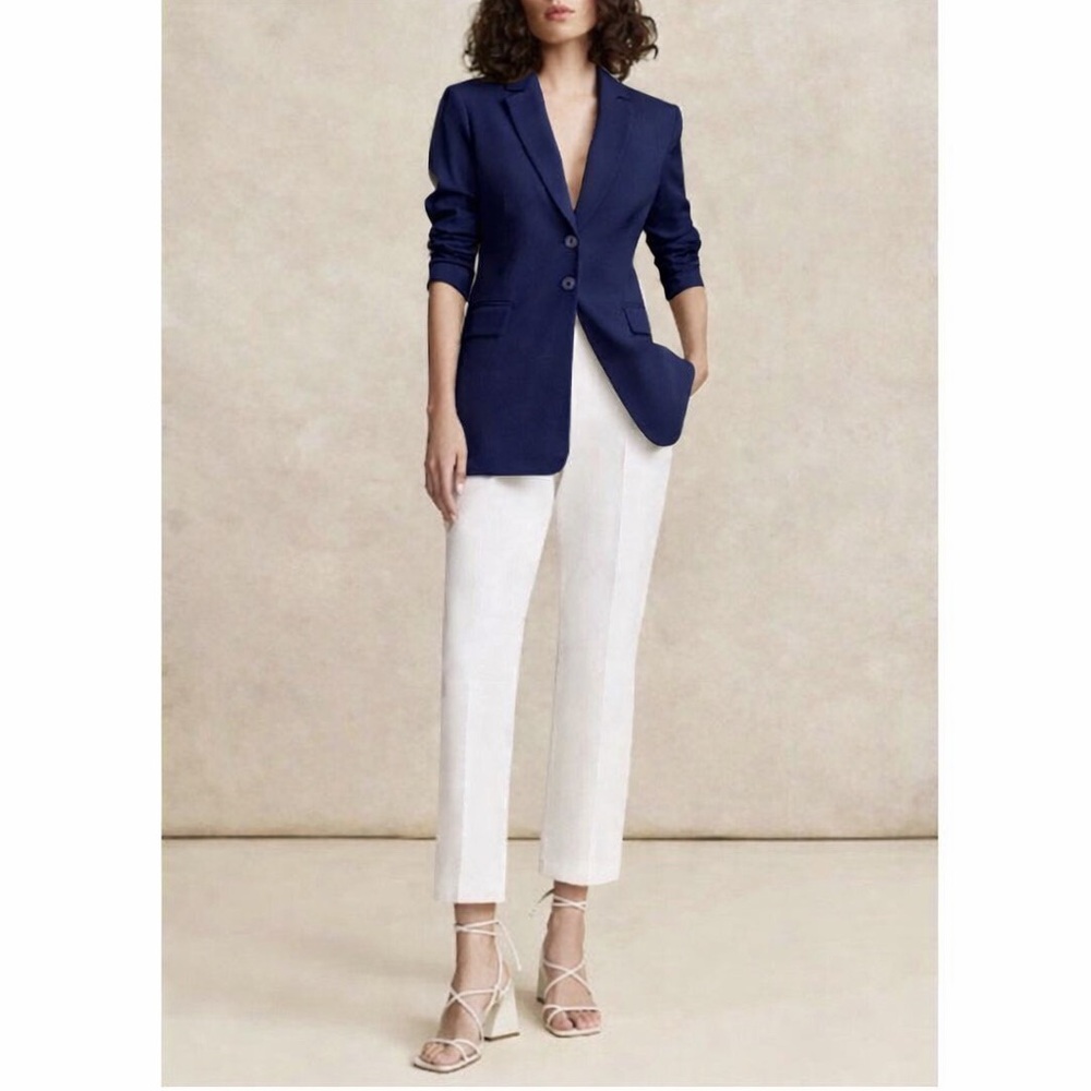 Pearl By Lela Rose Size 14 Push Sleeve Blazer Navy Minimalist Classy Chic Jacket